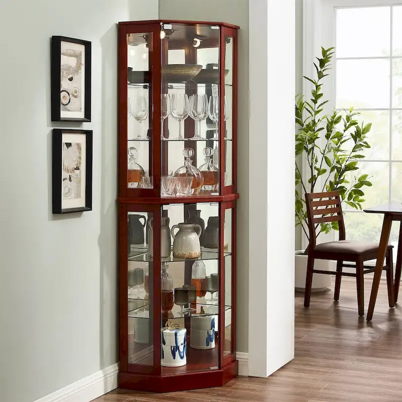 Corner Curio Display Cabinet with 6 Shelves & Lights – Cherry, Walnut & Oak Finishes