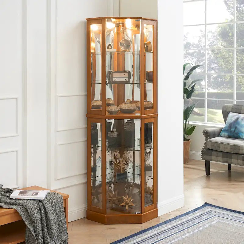 Corner Curio Display Cabinet with 6 Shelves & Lights – Cherry, Walnut & Oak Finishes