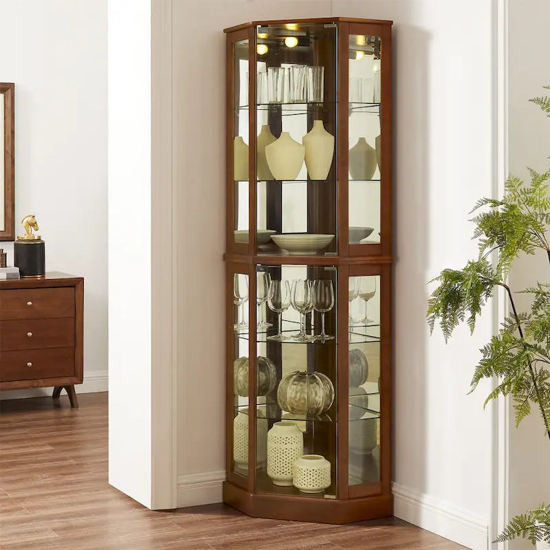 Corner Curio Display Cabinet with 6 Shelves & Lights – Cherry, Walnut & Oak Finishes