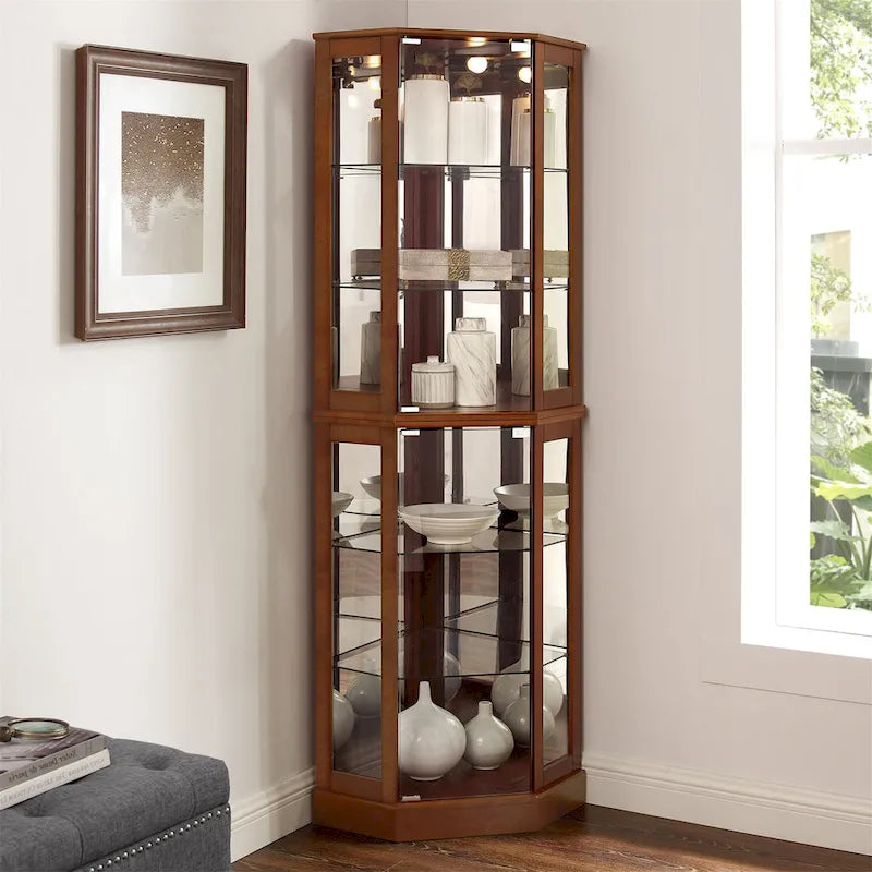 Corner Curio Display Cabinet with 6 Shelves & Lights – Cherry, Walnut & Oak Finishes
