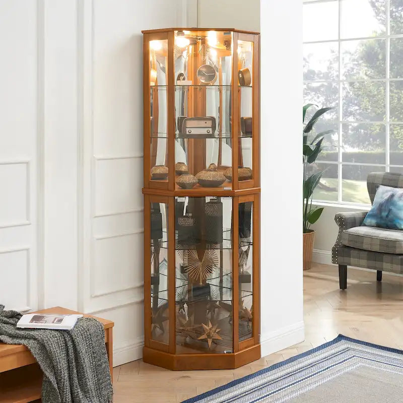 Corner Curio Display Cabinet with 6 Shelves & Lights – Cherry, Walnut & Oak Finishes