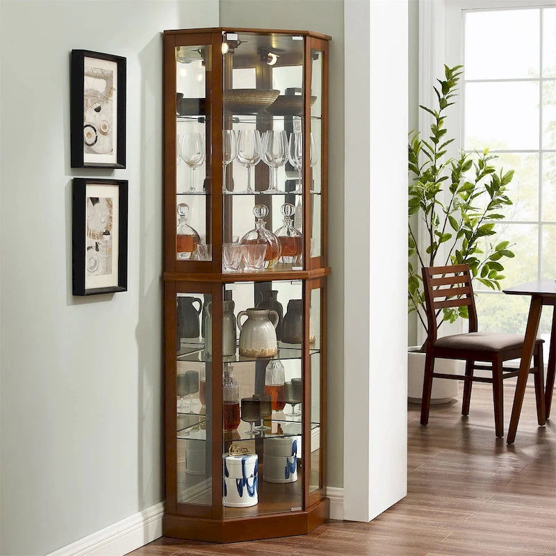Corner Curio Display Cabinet with 6 Shelves & Lights – Cherry, Walnut & Oak Finishes