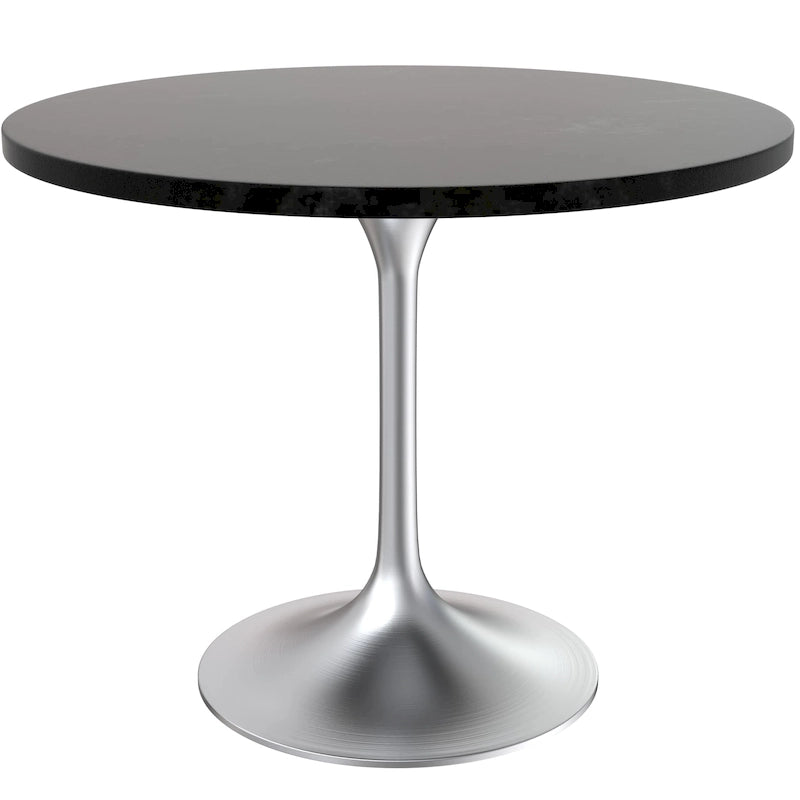 Round Dining Table with Black MDF Top & Brushed Chrome Tulip Base – 36" Diameter, Seats 4