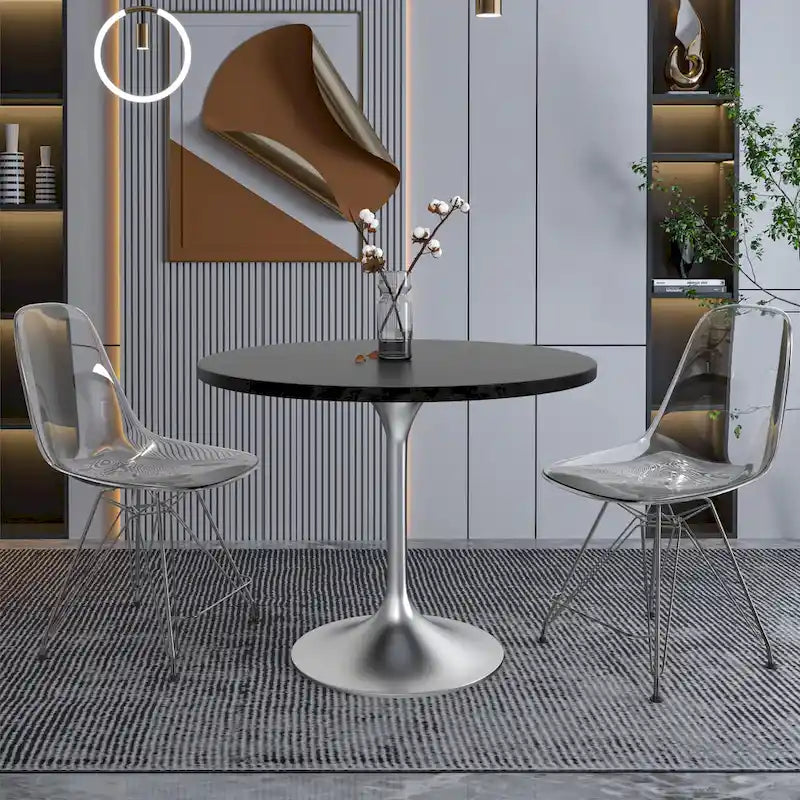 Round Dining Table with Black MDF Top & Brushed Chrome Tulip Base – 36" Diameter, Seats 4
