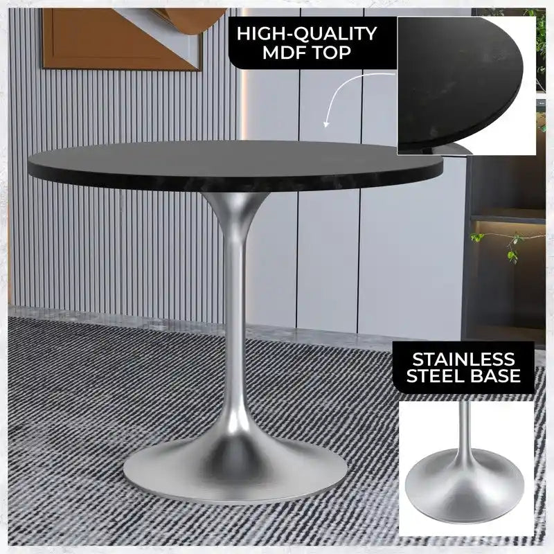 Round Dining Table with Black MDF Top & Brushed Chrome Tulip Base – 36" Diameter, Seats 4