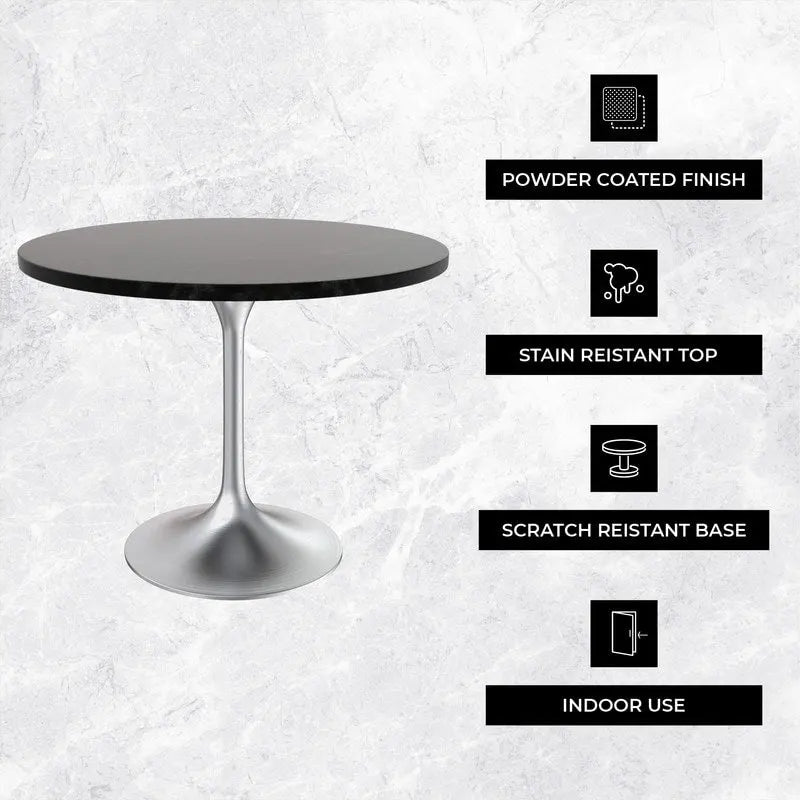 Round Dining Table with Black MDF Top & Brushed Chrome Tulip Base – 36" Diameter, Seats 4