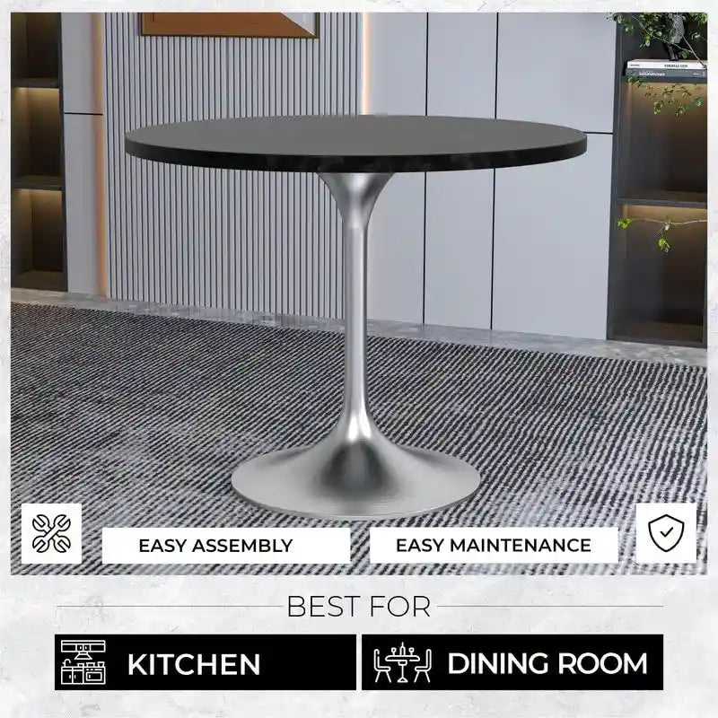 Round Dining Table with Black MDF Top & Brushed Chrome Tulip Base – 36" Diameter, Seats 4