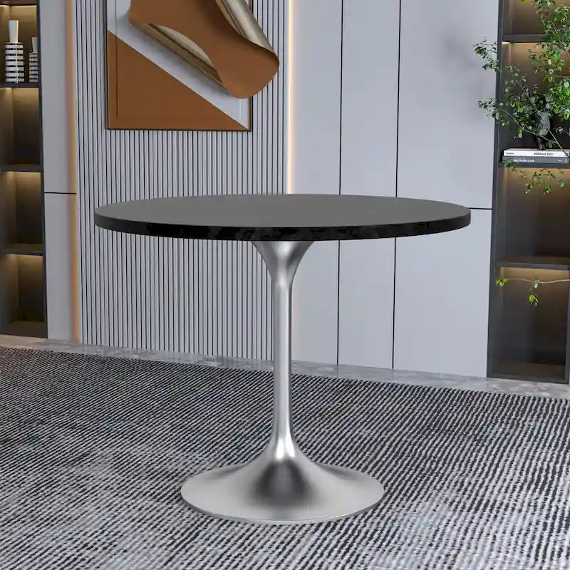 Round Dining Table with Black MDF Top & Brushed Chrome Tulip Base – 36" Diameter, Seats 4