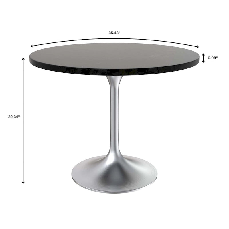 Round Dining Table with Black MDF Top & Brushed Chrome Tulip Base – 36" Diameter, Seats 4