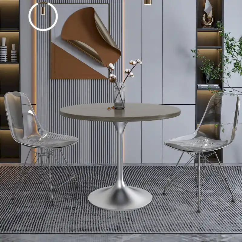 Round Dining Table with Black MDF Top & Brushed Chrome Tulip Base – 36" Diameter, Seats 4