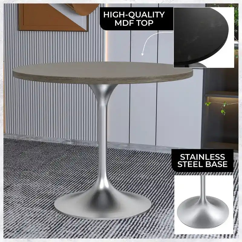 Round Dining Table with Black MDF Top & Brushed Chrome Tulip Base – 36" Diameter, Seats 4