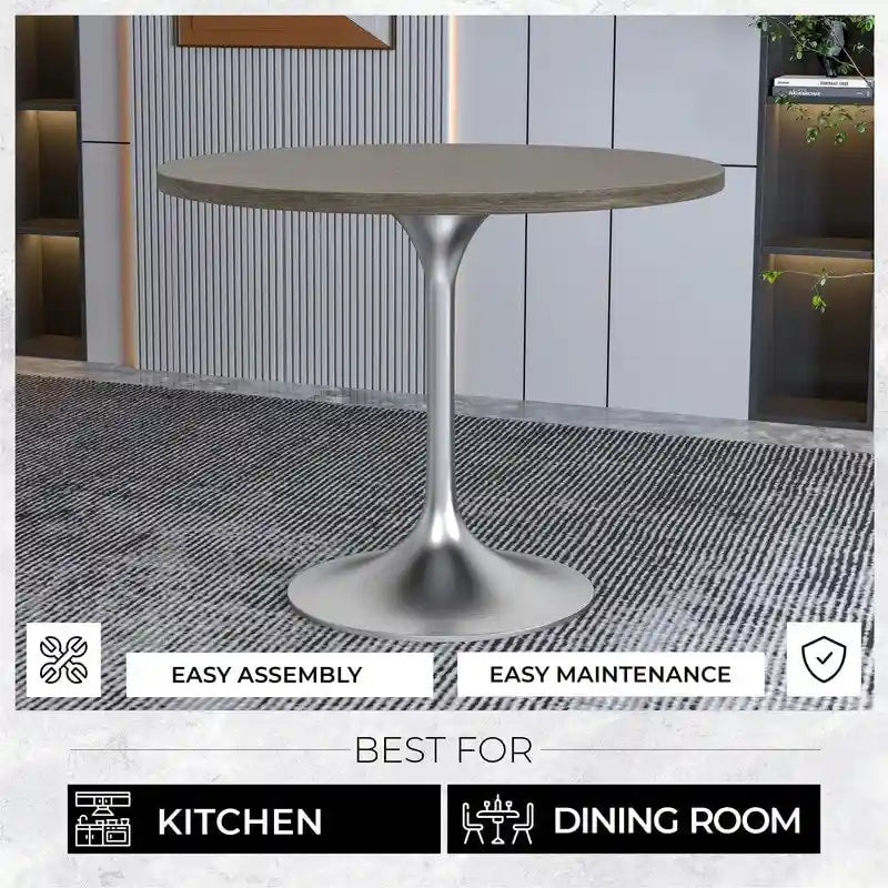 Round Dining Table with Black MDF Top & Brushed Chrome Tulip Base – 36" Diameter, Seats 4