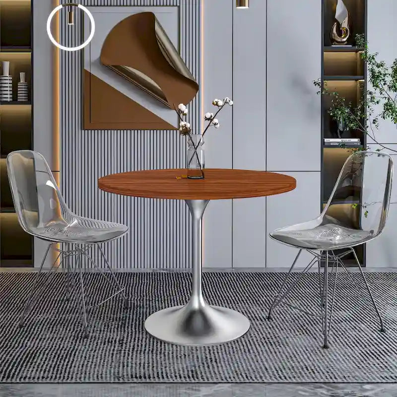 Round Dining Table with Black MDF Top & Brushed Chrome Tulip Base – 36" Diameter, Seats 4