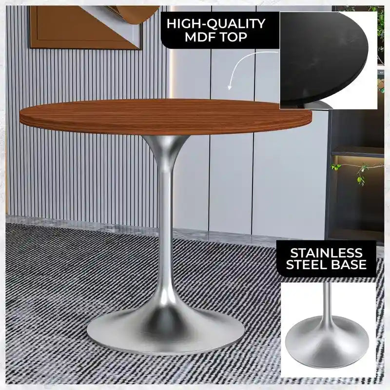 Round Dining Table with Black MDF Top & Brushed Chrome Tulip Base – 36" Diameter, Seats 4