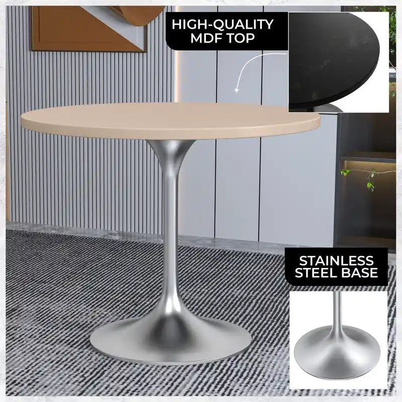 Round Dining Table with Black MDF Top & Brushed Chrome Tulip Base – 36" Diameter, Seats 4