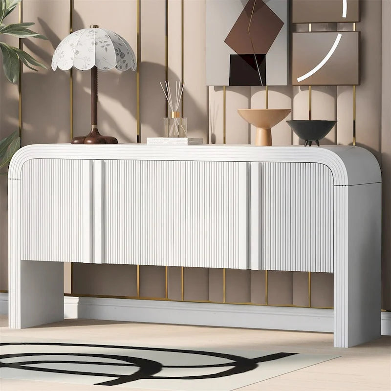 4-Door Storage Cabinet with Striped Panel Design – Spacious Enclosed Shelving for Living Room & Office