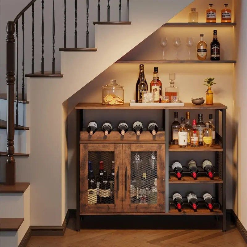 Industrial Wine Bar Cabinet with Mesh Doors & Wine Bottle Rack – Rustic Brown, 37.8"W