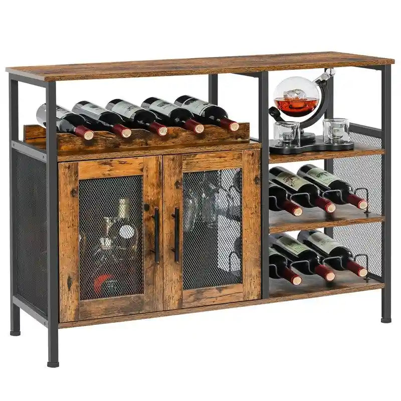 Industrial Wine Bar Cabinet with Mesh Doors & Wine Bottle Rack – Rustic Brown, 37.8"W