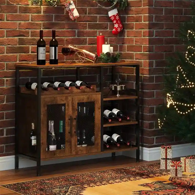 Industrial Wine Bar Cabinet with Mesh Doors & Wine Bottle Rack – Rustic Brown, 37.8"W