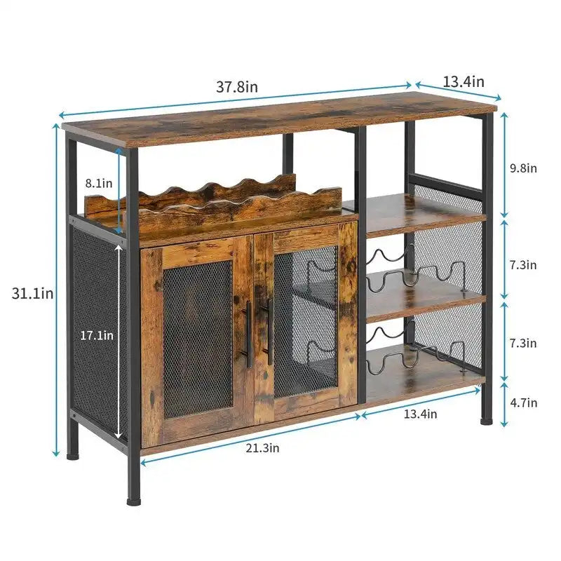 Industrial Wine Bar Cabinet with Mesh Doors & Wine Bottle Rack – Rustic Brown, 37.8"W
