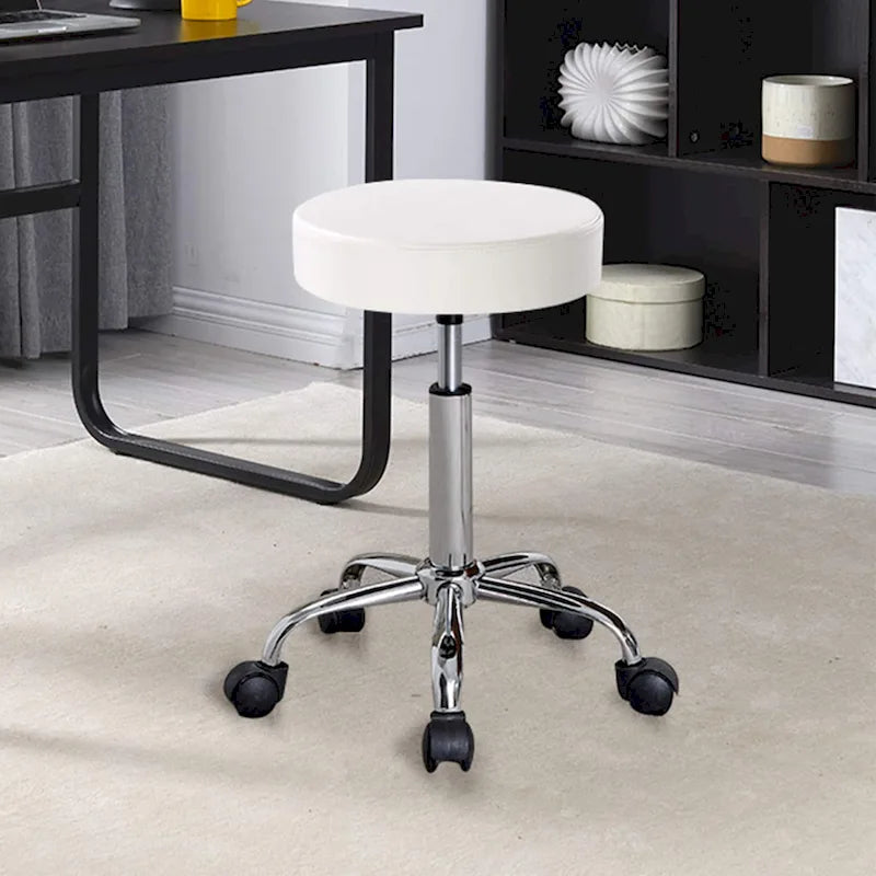 Adjustable Rolling Salon & Spa Stool – Black PU Leather Round Seat, Chrome Base with 5 Wheels