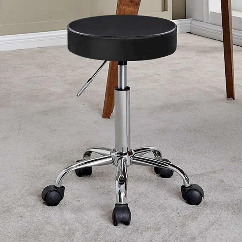 Adjustable Rolling Salon & Spa Stool – Black PU Leather Round Seat, Chrome Base with 5 Wheels