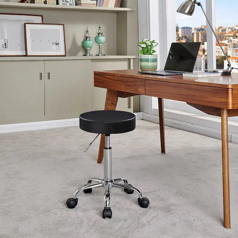 Adjustable Rolling Salon & Spa Stool – Black PU Leather Round Seat, Chrome Base with 5 Wheels