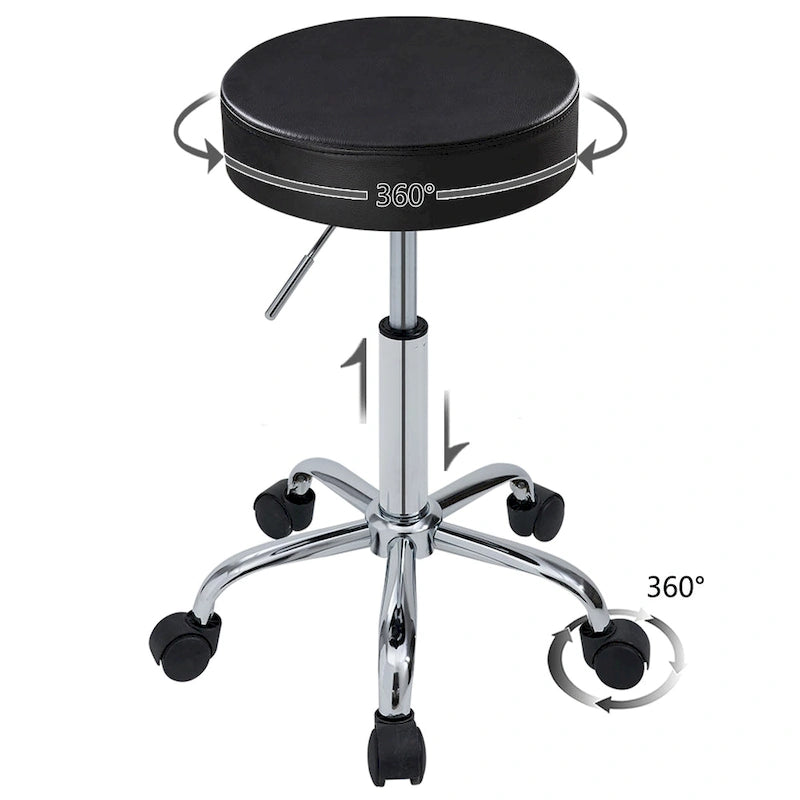 Adjustable Rolling Salon & Spa Stool – Black PU Leather Round Seat, Chrome Base with 5 Wheels