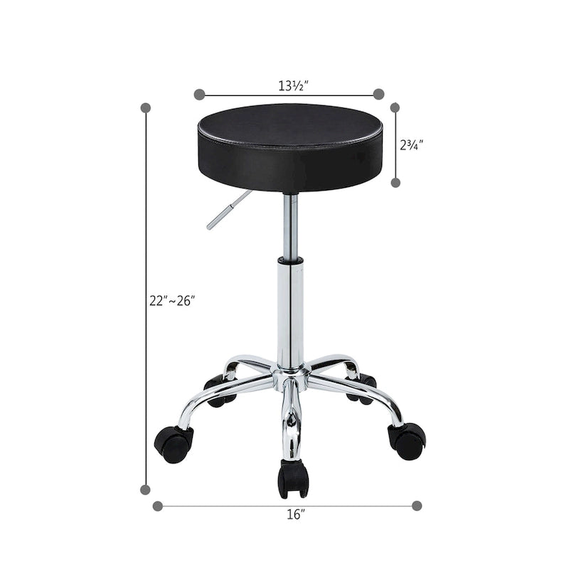 Adjustable Rolling Salon & Spa Stool – Black PU Leather Round Seat, Chrome Base with 5 Wheels