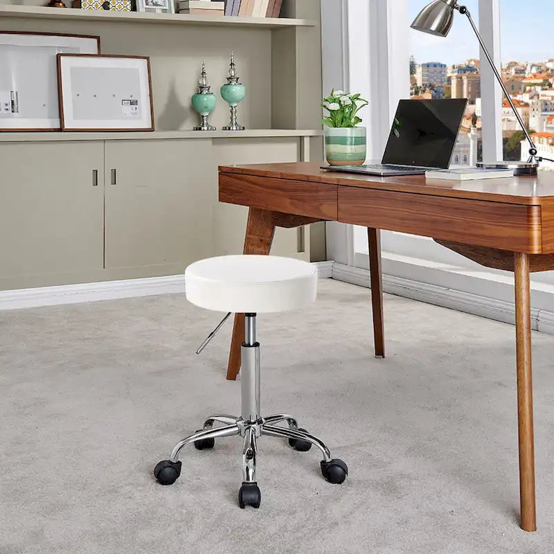 Adjustable Rolling Salon & Spa Stool – Black PU Leather Round Seat, Chrome Base with 5 Wheels