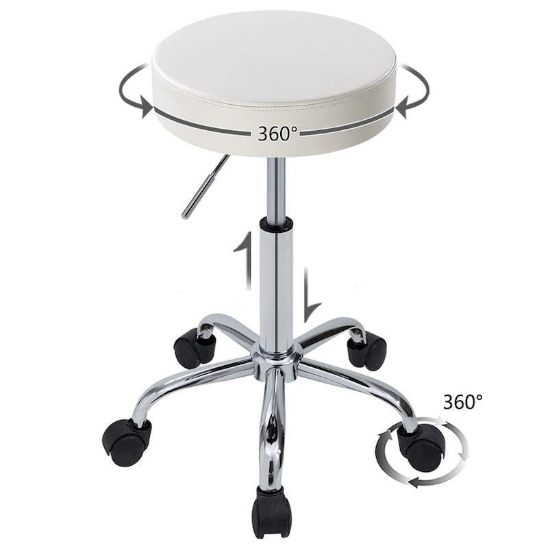 Adjustable Rolling Salon & Spa Stool – Black PU Leather Round Seat, Chrome Base with 5 Wheels