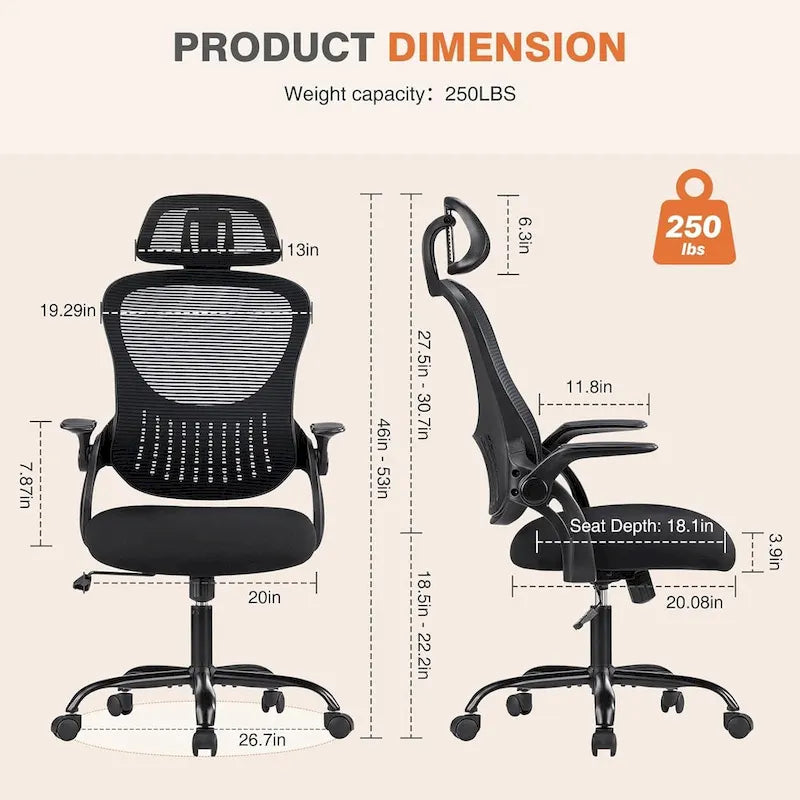 Ergonomic High-Back Mesh Office Chair with Adjustable Headrest & Flip-Up Arms – Black, Blue & Brown