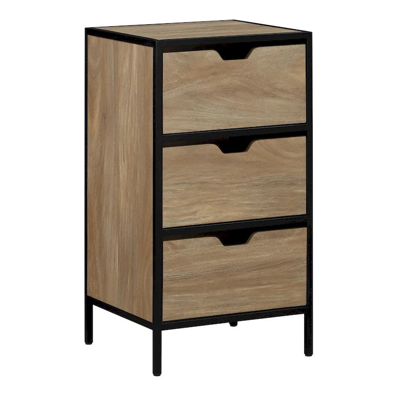 3-Drawer Accent Storage Cabinet with Black Steel Frame & Wood Grain Drawers – Industrial Style