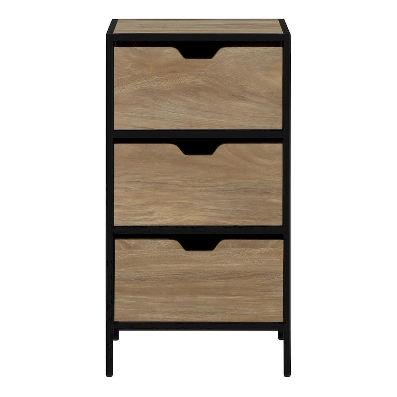 3-Drawer Accent Storage Cabinet with Black Steel Frame & Wood Grain Drawers – Industrial Style