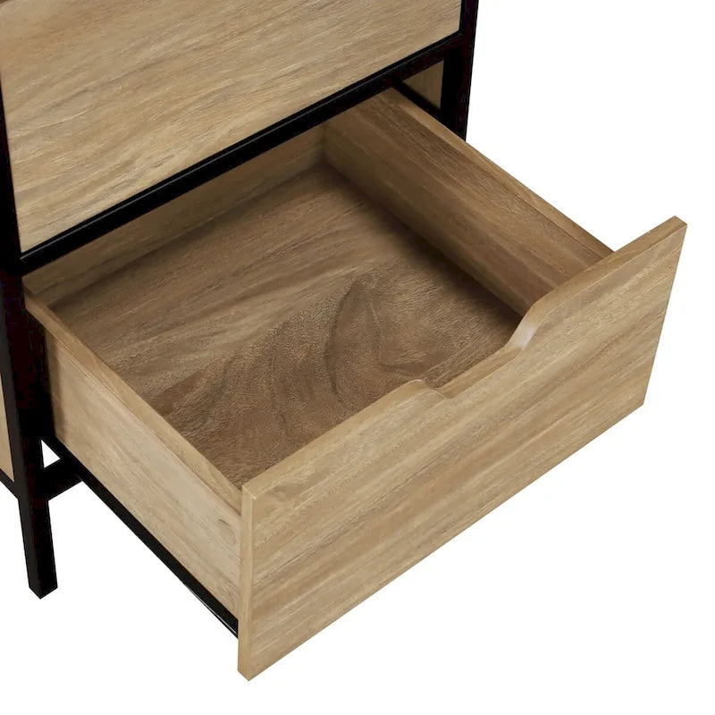 3-Drawer Accent Storage Cabinet with Black Steel Frame & Wood Grain Drawers – Industrial Style