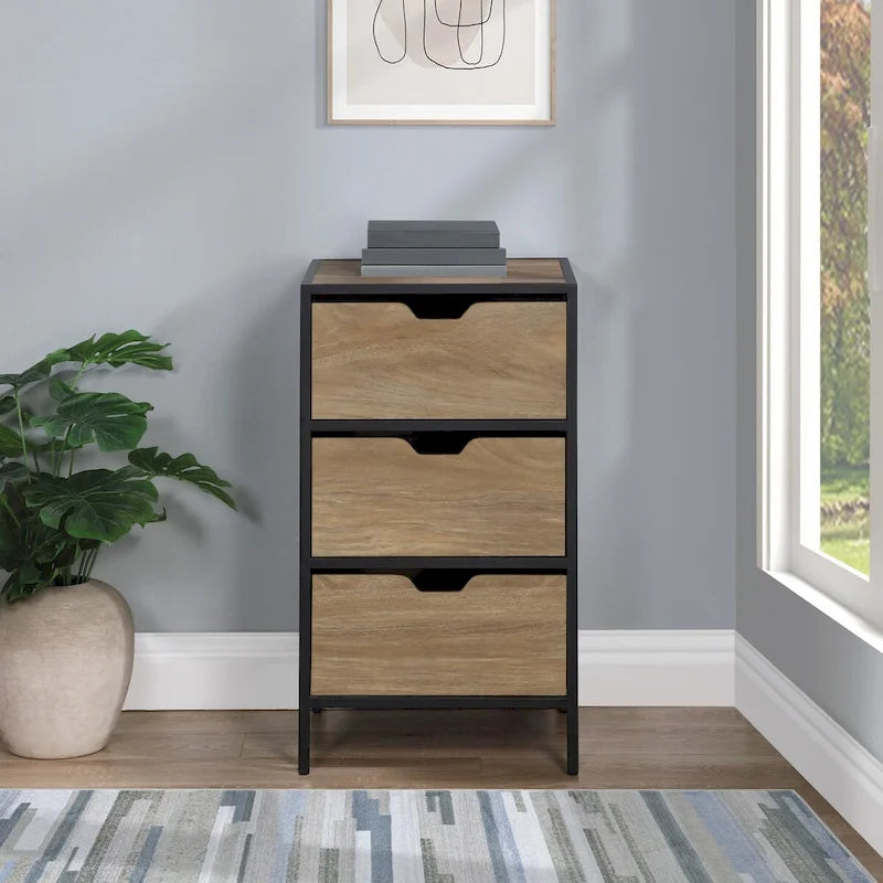 3-Drawer Accent Storage Cabinet with Black Steel Frame & Wood Grain Drawers – Industrial Style