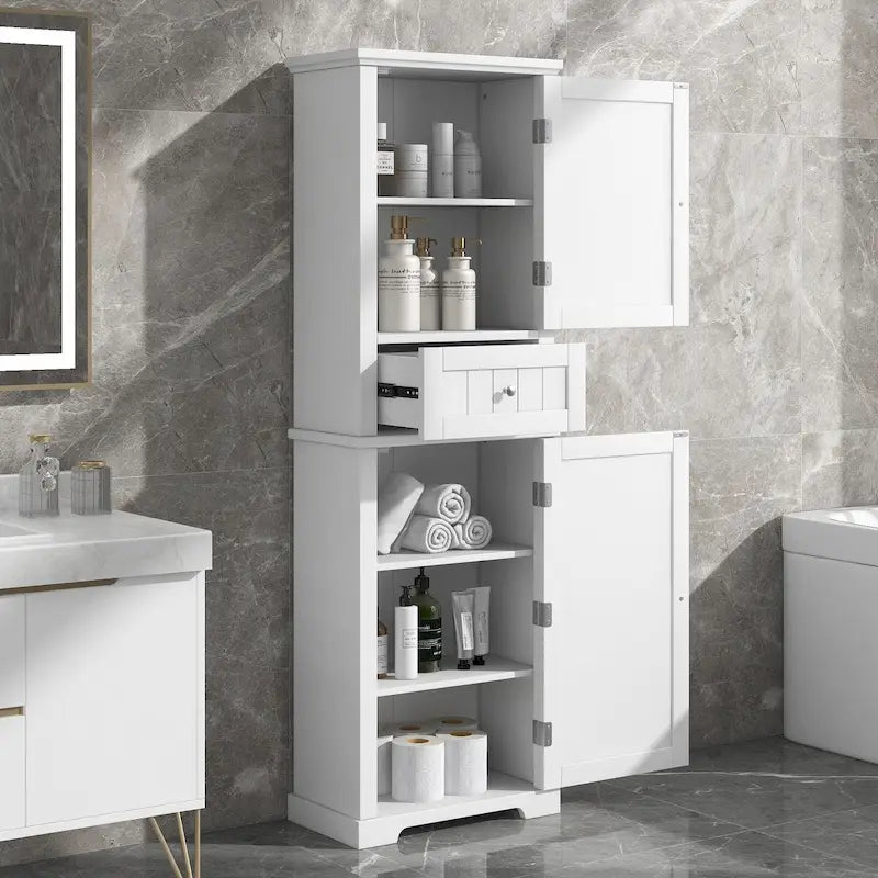 Tall Narrow Bathroom Storage Cabinet with Drawer & Adjustable Shelf – White, Space-Saving Design