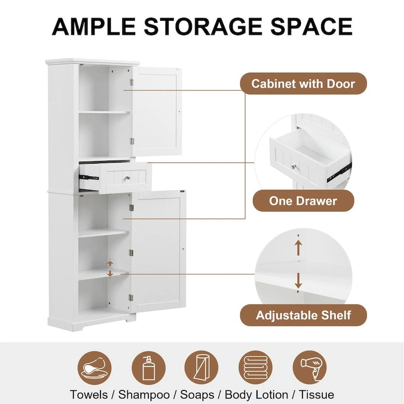 Tall Narrow Bathroom Storage Cabinet with Drawer & Adjustable Shelf – White, Space-Saving Design