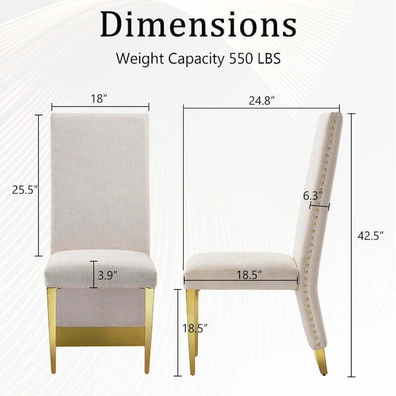 Cream Velvet Dining Chairs with Gold Legs – Set of 2, Tufted High Back, 42.5"H