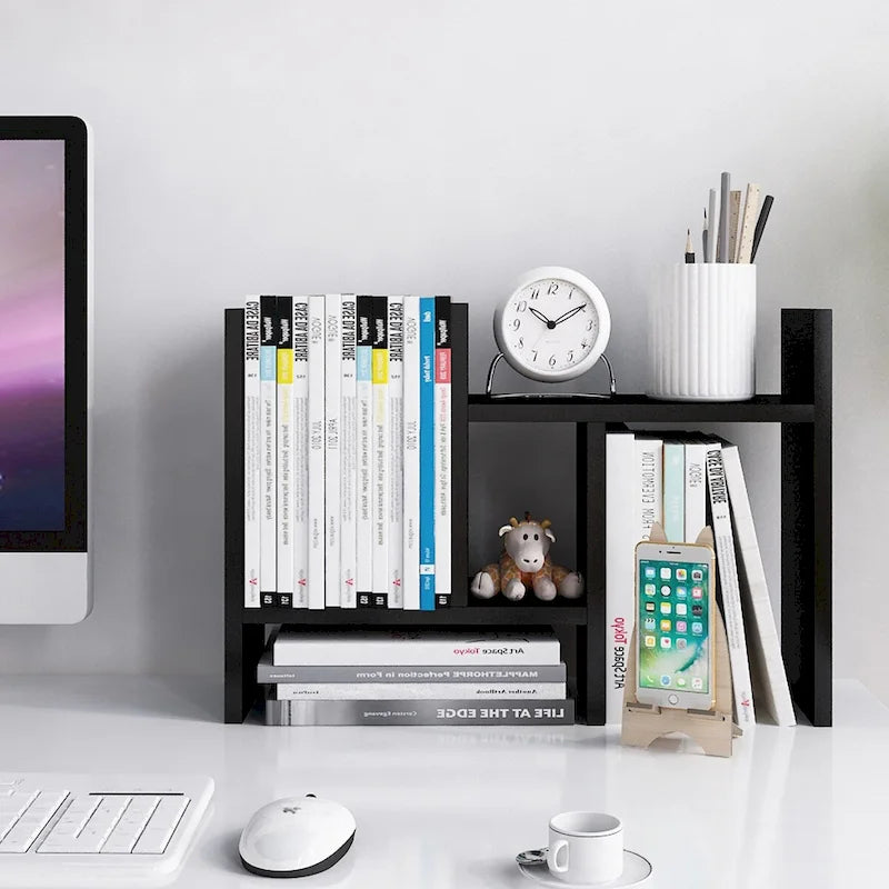 Desktop Bookshelf & Organizer Shelf – Walnut Wood, L-Shape Multi-Compartment, Desk Storage