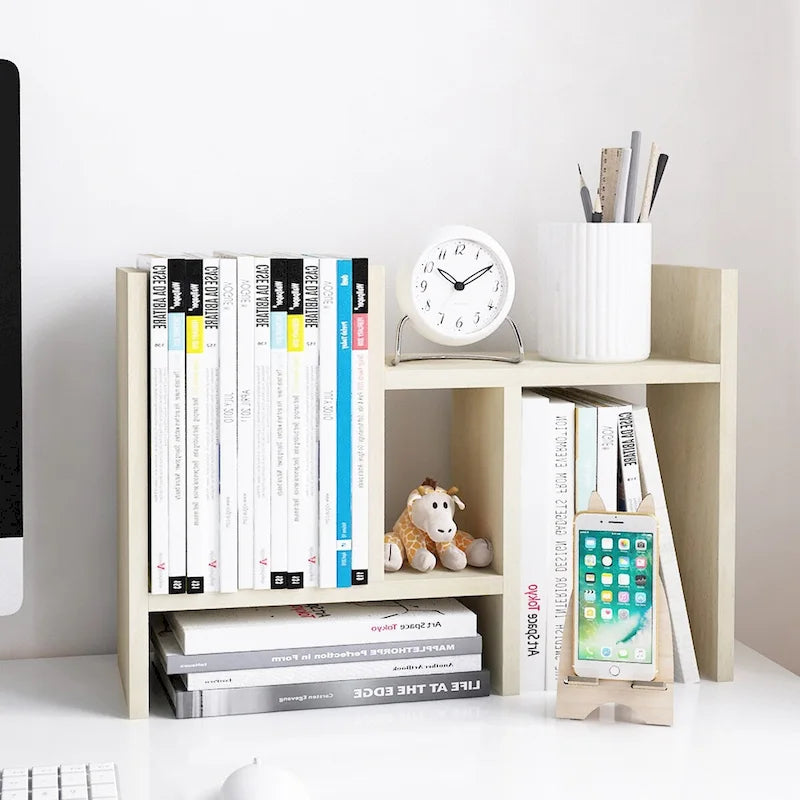 Desktop Bookshelf & Organizer Shelf – Walnut Wood, L-Shape Multi-Compartment, Desk Storage