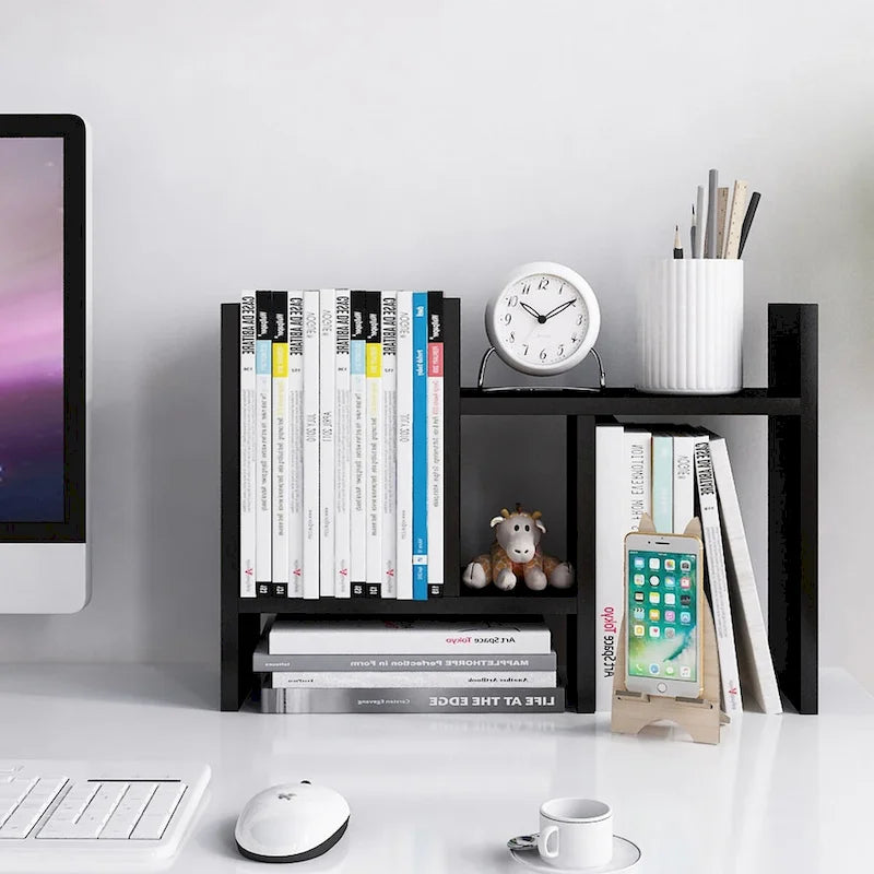 Desktop Bookshelf & Organizer Shelf – Walnut Wood, L-Shape Multi-Compartment, Desk Storage