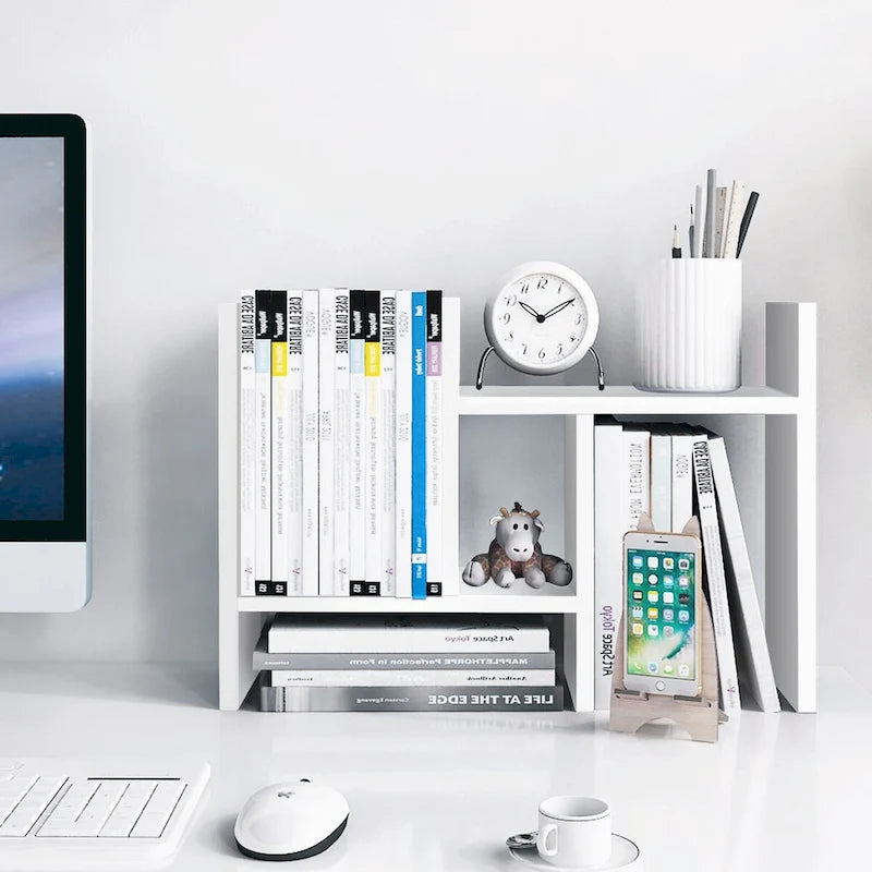 Desktop Bookshelf & Organizer Shelf – Walnut Wood, L-Shape Multi-Compartment, Desk Storage