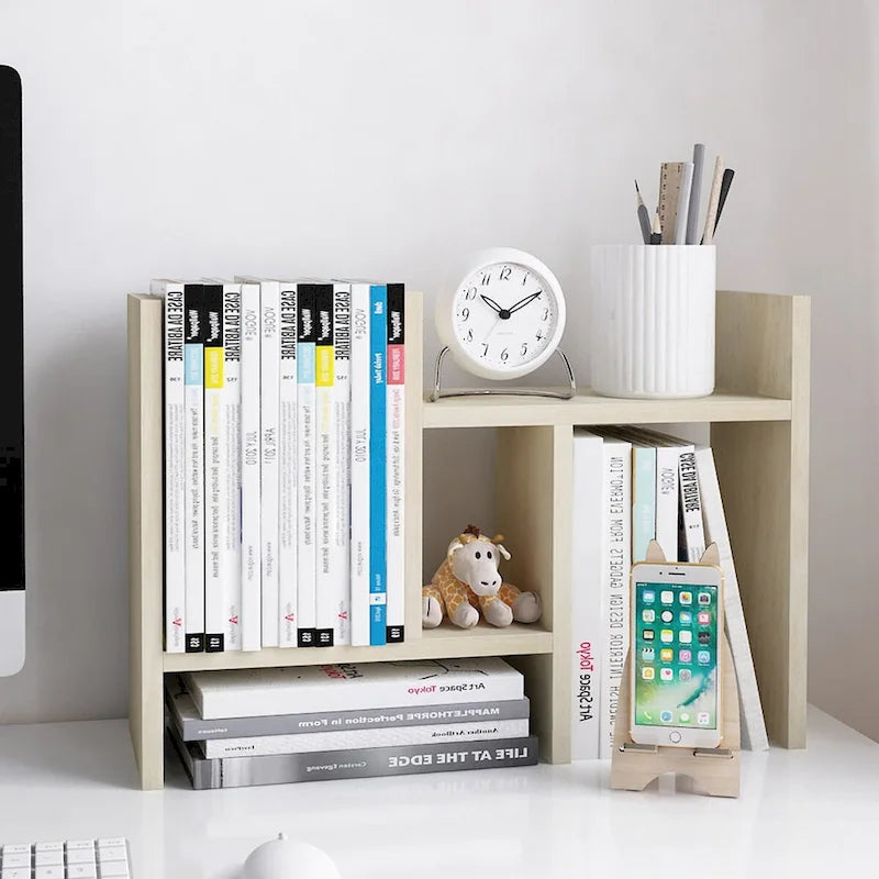 Desktop Bookshelf & Organizer Shelf – Walnut Wood, L-Shape Multi-Compartment, Desk Storage