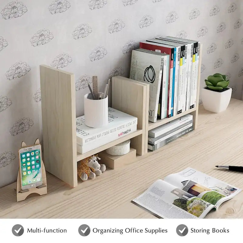 Desktop Bookshelf & Organizer Shelf – Walnut Wood, L-Shape Multi-Compartment, Desk Storage