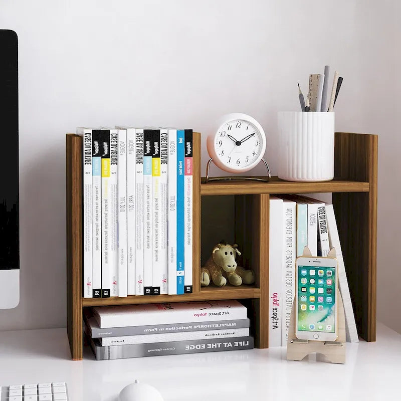 Desktop Bookshelf & Organizer Shelf – Walnut Wood, L-Shape Multi-Compartment, Desk Storage