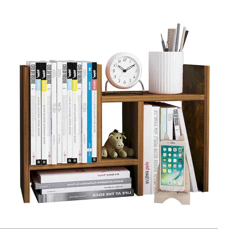 Desktop Bookshelf & Organizer Shelf – Walnut Wood, L-Shape Multi-Compartment, Desk Storage