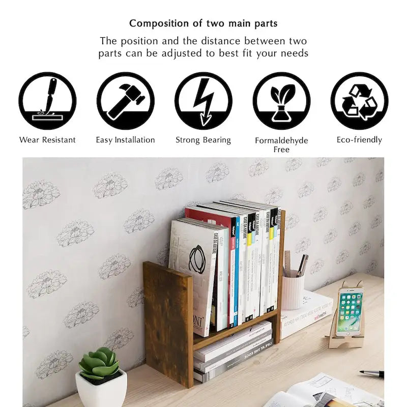 Desktop Bookshelf & Organizer Shelf – Walnut Wood, L-Shape Multi-Compartment, Desk Storage