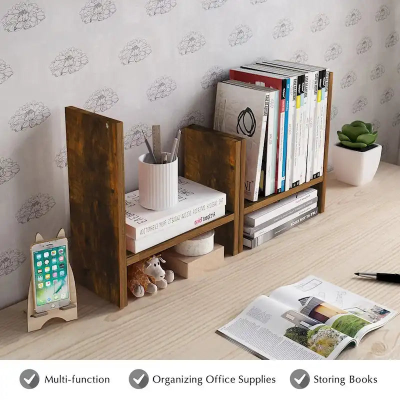 Desktop Bookshelf & Organizer Shelf – Walnut Wood, L-Shape Multi-Compartment, Desk Storage