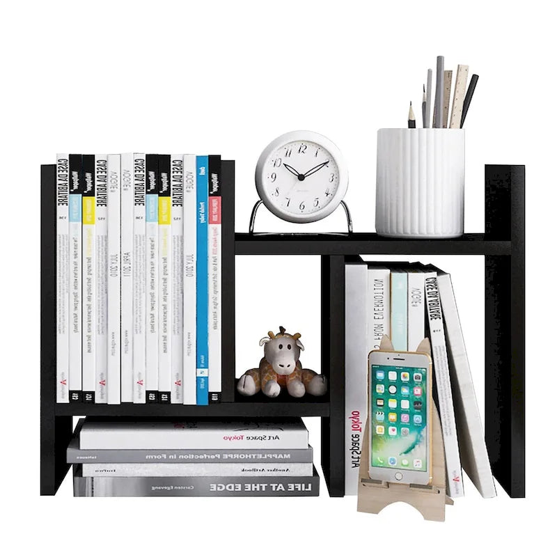 Desktop Bookshelf & Organizer Shelf – Walnut Wood, L-Shape Multi-Compartment, Desk Storage